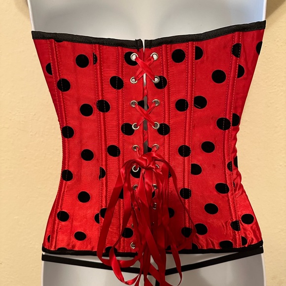 Red corset with black polka dots and matching g string. Ladybug 🐞 runs small. - Picture 5 of 5